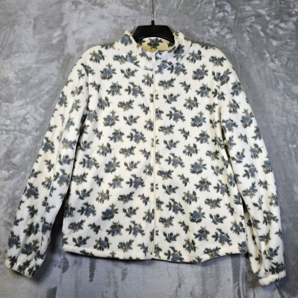 Better Unsaid Full Zip Fleece Jacket Womens M Cream Blue Green Floral Pockets